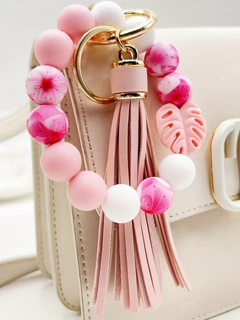 Pink Beaded Tassel Keychain Wristlet